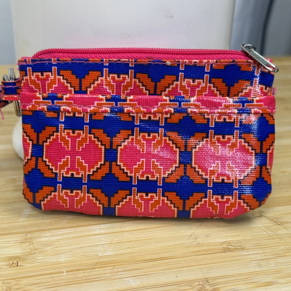 Coin Purse ID Holder Wristlet‎ Pink Blue Geometric Tribal Print Keychain Wallet